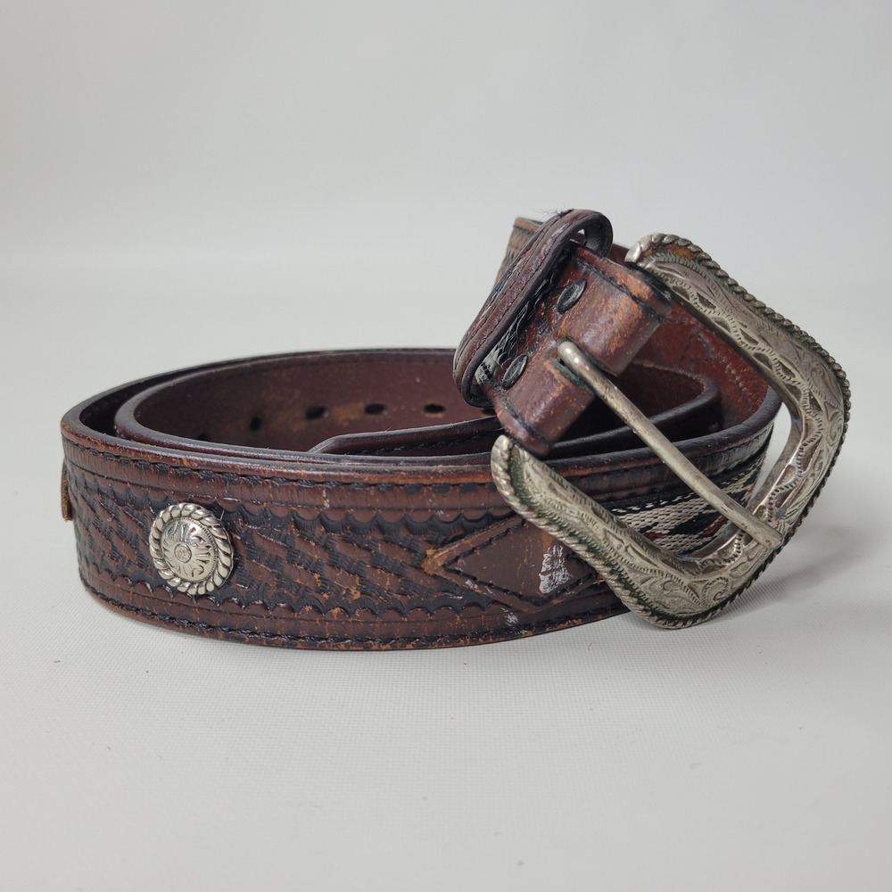 Vtg Wrangler Mens Brown Leather Western Belt Basketweave Woven Concho 40/100
